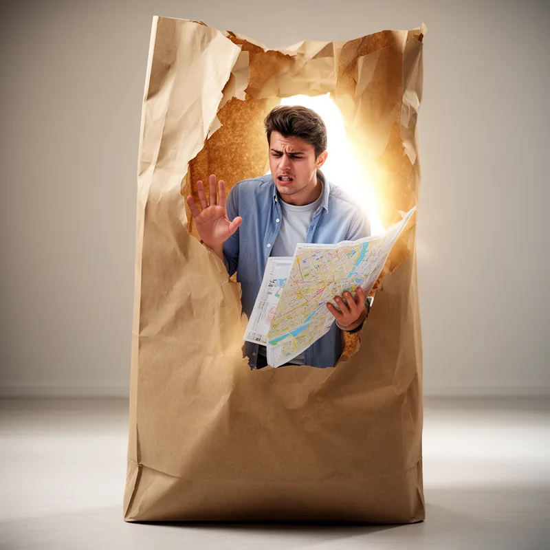 to find one's way out of a paper bag